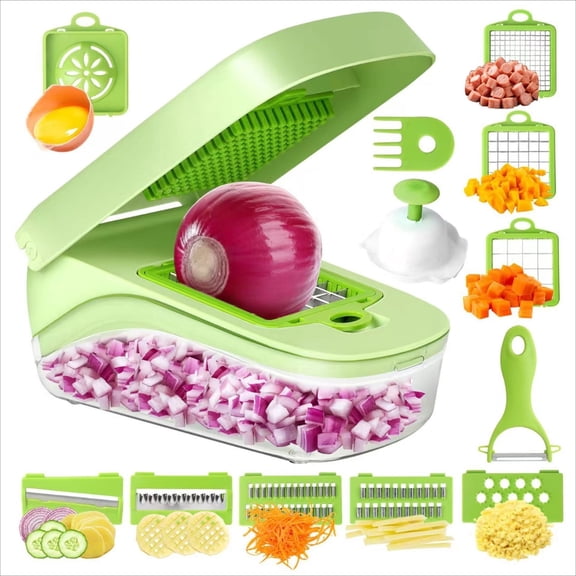 All-in-1 Vegetable Chopper with 8 Blades & Container - Dishwasher Safe, Mandoline Slicer & Shredder for Potato, Onion, Salad, Essential Kitchen Gadget