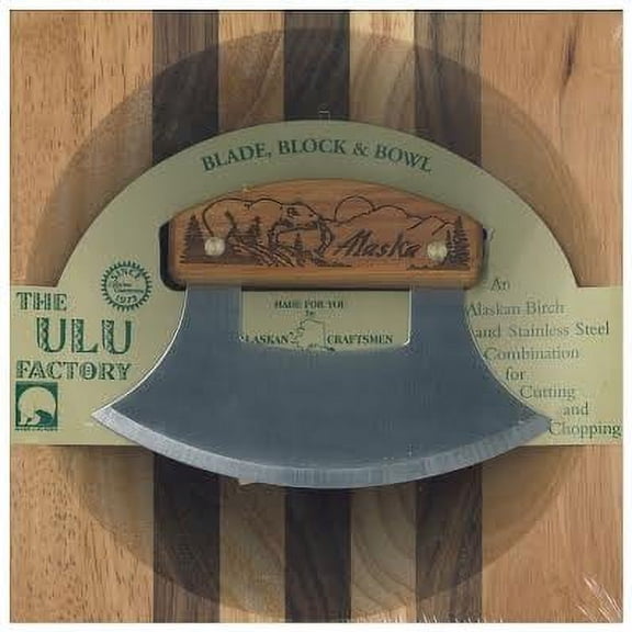 8" Block Ulu Bowl Set Birch Handle Bear & Mountains, 6.25" Inupiat Blade