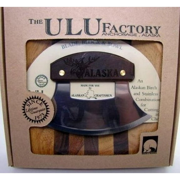 8" Block with Deep Dish Chopping Bowl and Walnut Handled Ulu (Moose Head)