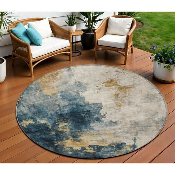 HomeRoots 603049 8 ft. Blue, Gray & Gold Round Abstract Washable Indoor & Outdoor Area Rug