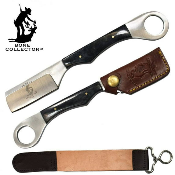 BC 866-BKBN 8" Black Bone Handle Razor Knife with Leather Sheath Sharpening Strop Belt