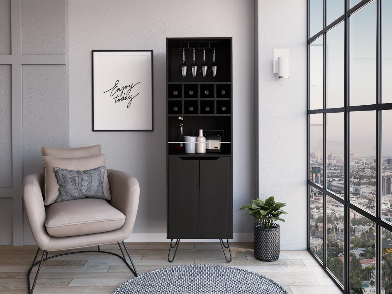 Sheffield Tall Black Wenge Metal Bar Cabinet with Wine Storage
