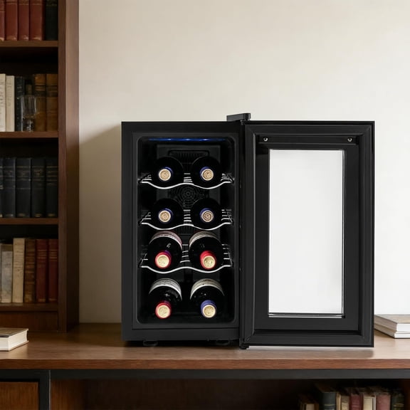 8 Bottle Freestanding Wine Chiller with Digital Temperature Control, LED Light Glass Door Wine Fridge for Home Bar Office