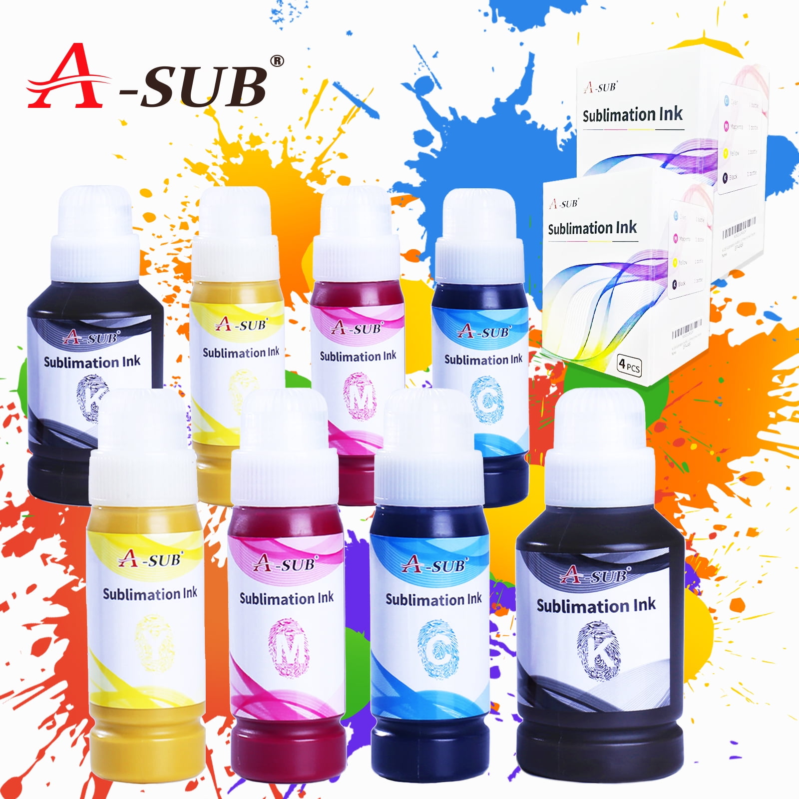 A-SUB Sublimation Ink, 8 Bottles, 2 Pack, Compatible with Epson 502 522 ET-2720 ET-2760 ET-2800 ET-2803 ET-2400 ET-4700 ET-4760 ET-4800 Heat Transfer on Mugs, Tumblers, T-Shirts