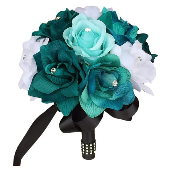 8" Bouquet-Teal,Aqua,Black Artificial Roses with Rhinestone