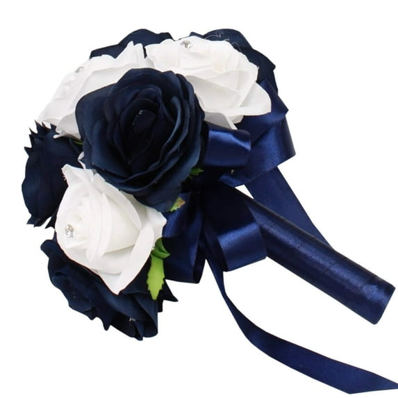 8" Bouquet-navy Blue and White Open Roses with Rhinestone