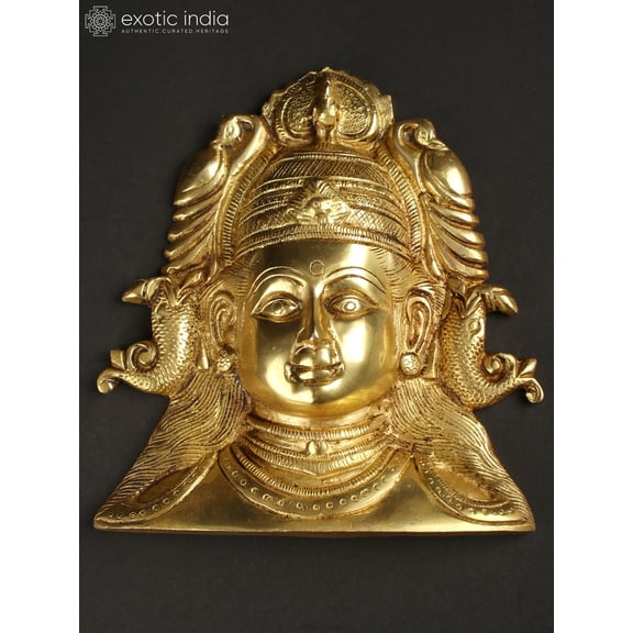 8" Brass Goddess Durga Mask with Fish Shaped Earrings | Wall Hanging