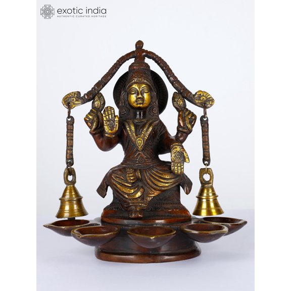 8" Brass Goddess Lakshmi Five Wicks Lamp with Bells