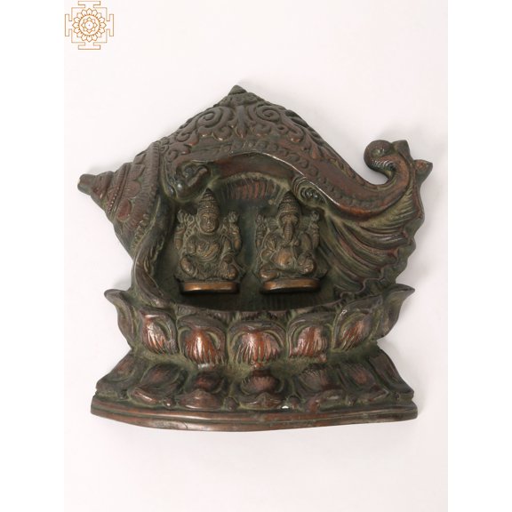 8" Brass Lakshmi Ganesha Carved In Conch | Wall Hanging Idols
