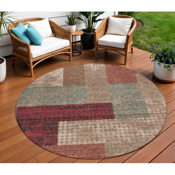 HomeRoots 612438 8 ft. Brown & Terra Cotta Round Geometric Washable Indoor & Outdoor Area Rug