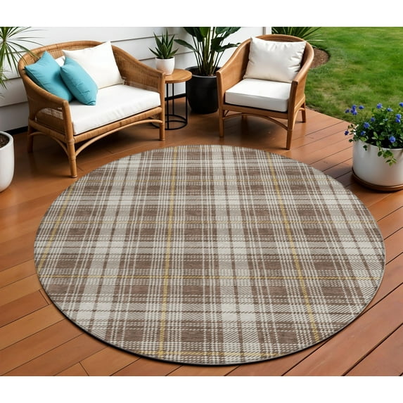 8' Brown Beige And Gold Round Plaid Washable Indoor Outdoor Area Rug