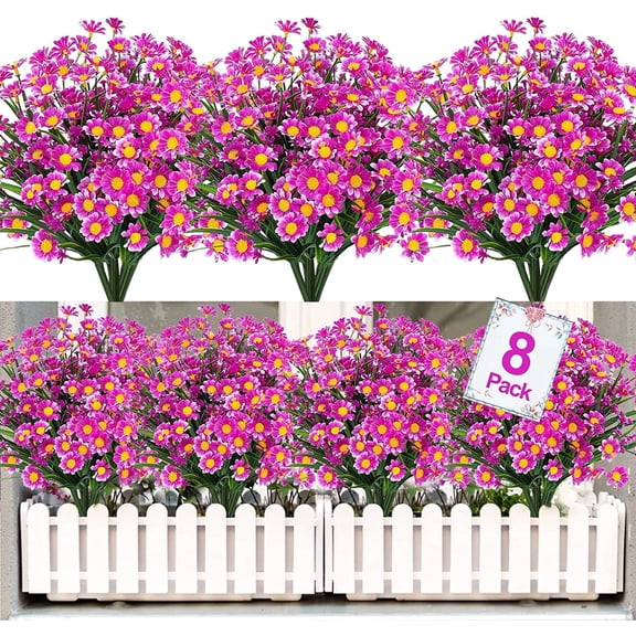 8 Bundles Artificial Daisy Flowers Outdoor UV Resistant Flowers Shrubs Plastic Flowers Hanging Fake Daisies Plants Faux Mums for Wedding Cemetery Porch Window Planter Indoor Decor(Fuchsia)