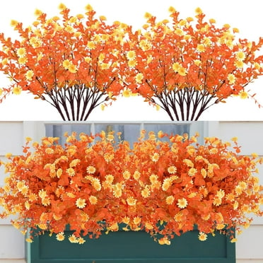 8 Bundles Artificial Daisy Mums Flowers Outdoor Fake Fall Flowers for Decoration No Fade Faux Plastic Autumn Flower Garden Porch Window Box Decor（Gold Yellow）