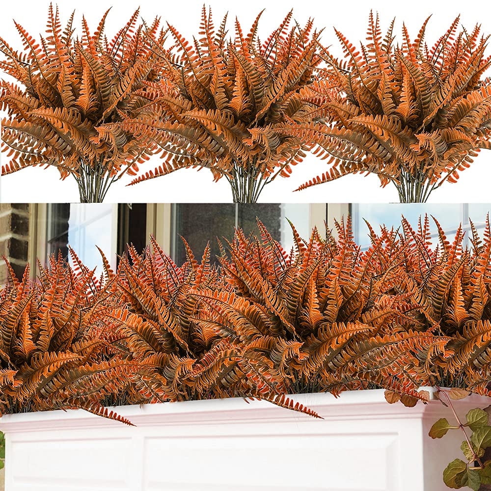 8 Bundles Artificial Fall Plants, Outdoor Indoor UV Resistant Fake Boston Fern Faux Plant No Fade Plastic Greenery Shrubs for Autumn Thanksgiving Garden Porch Window Box Home Decor