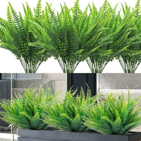 8 Bundles Artificial Ferns for Outdoors Fake Boston Fern Large Greenery Plants UV Resistant Faux Plastic Plants Shrubs for Garden Front Porch Window Box Indoor Outside Decoration