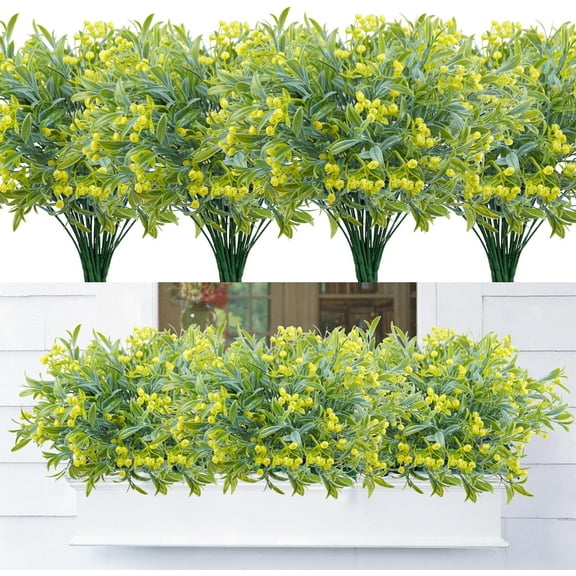 8 Bundles Artificial Flowers for Outdoor, UV Resistant Fake Plastic Flowers Plants No Fading Faux Flowers for Garden Window Box Office Home Bedroom Living Room Decor (Yellow)