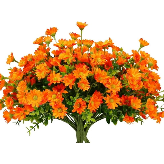8 Bundles Artificial Flowers for Outdoors Faux Mums UV Resistant Plastic Fall Plants Fake Greenery Orange Daisy Bulk for Home Gardenr Window Box Pathway Plante Wedding Decor (Orange)