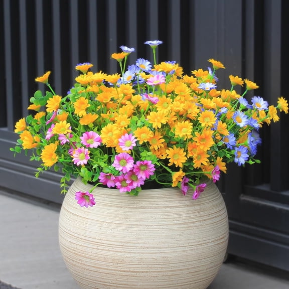 8 Bundles Artificial Flowers for Outdoors Faux Mums UV Resistant Plastic Fall Plants Fake Greenery Orange Daisy Bulk for Home Gardenr Window Box Pathway Plante Wedding Decor (Orange)