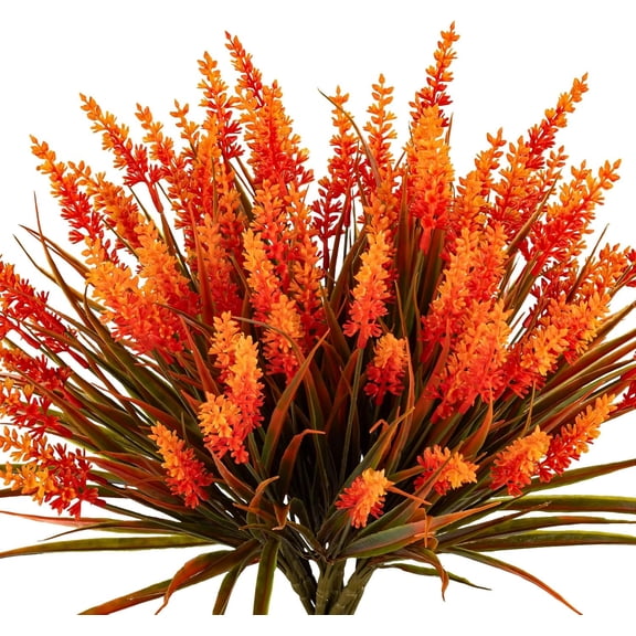 8 Bundles Artificial Fall Flowers for Outdoors UV Resistant Fake Lavender Plastic Faux Monkey Grass Plants for Autumn Garden, Patio, Front Porch, Verandah Window Planter Decor (Fall Orange)