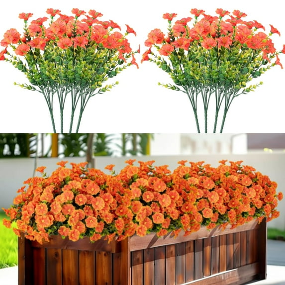 8 Bundles Artificial Flowers for Outdoors, UV Resistant Faux Silk Morning Glory with Eucalyptus Plants for Spring Home Garden Porch Patio Balcony Decoration, Orange