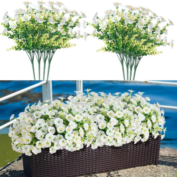 8 Bundles Artificial Flowers for Outdoors, UV Resistant Faux Silk Morning Glory with Eucalyptus Plants for Spring Home Garden Porch Patio Balcony Decoration White