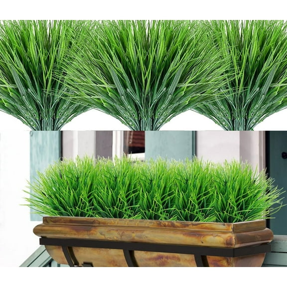 8 Bundles Artificial Grass Outdoor Green Plastic Wheat Plants Fake Grass Faux Greenery Shrubs Faux Tall Grass Plant Decor for Spring Garden Porch Window Box Home Wedding Decoration