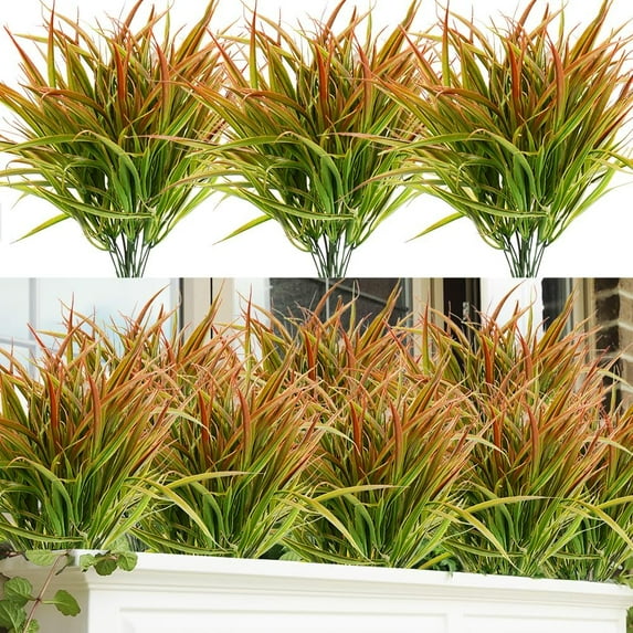 8 Bundles Artificial Grass Plants Fake Bushes Artificial Shrubs Wheat Grass Greenery for Autumn House Plastic Outdoor UV Resistant Faux Grass