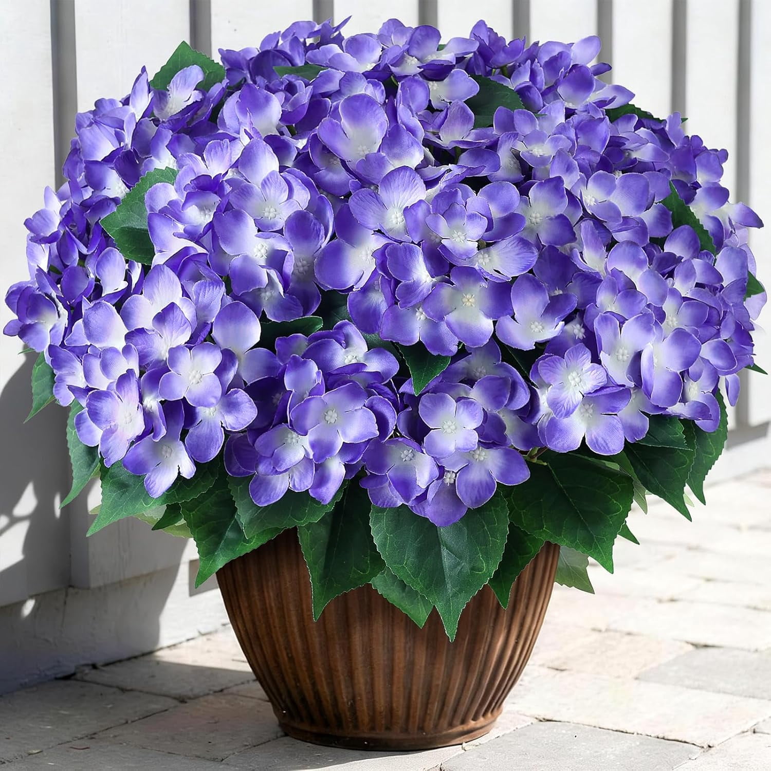 8 Bundles Artificial Hydrangea Flowers for Outdoor Decor, Realistic Faux Silk Bouquets Sun-Resistant Fake Plants for Front Door Balcony Farmhouse Garden Home Spring Summer Decor (Blue)