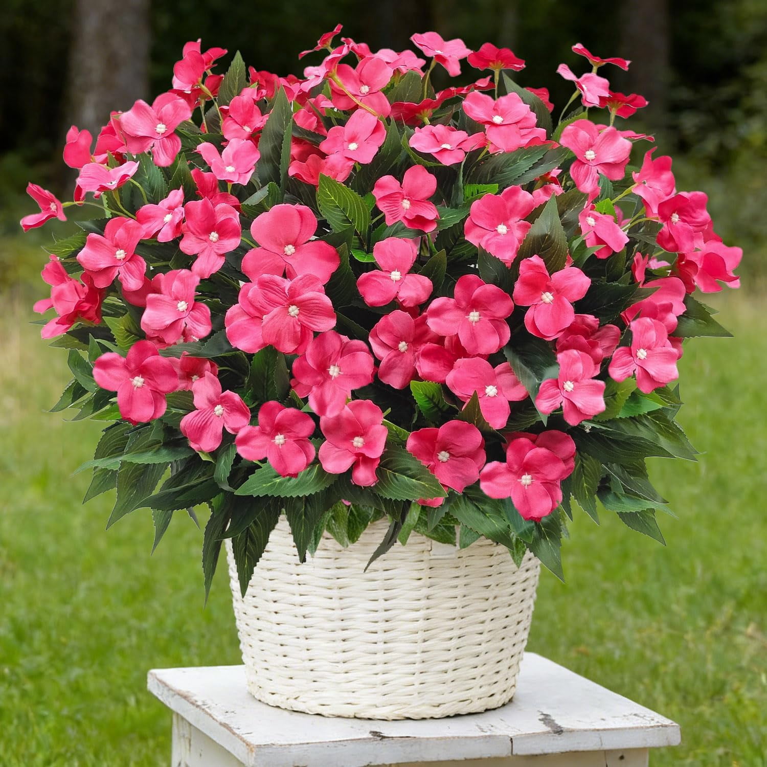 8 Bundles Artificial Impatiens for Outdoors UV Resistant Artificial Outdoor Flower Bouquet Fake Flowers Faux Plants Silk  Window Box Planter Decor(Rose Red)