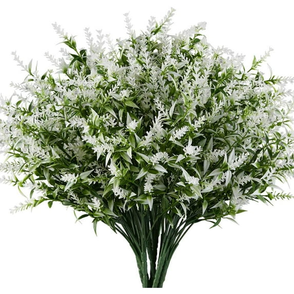 8 Bundles Artificial Lavender Flowers UV Resistant Fake Bouquets Plastic Plants for Outdoor Indoor Home Garden Wedding Party Decor (White)