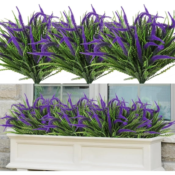 8 Bundles Artificial Outdoor Flowers Ferns Plants for Outdoors Faux Plastic Flowers Greenery Shrubs Plants Indoor Outside Hanging Planter Kitchen Home Wedding Office Garden Decor(Purple)