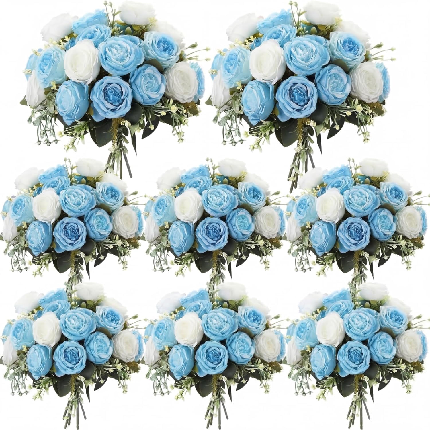 8 Bundles Artificial Peonies Flowers Fake Silk Peony Bouquet Faux Peonies Flowers Bulk for Decoration Vase Floral Arrangements Wedding Party Table (Blue,White)