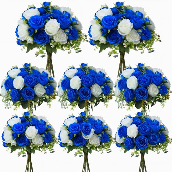 8 Bundles Artificial Peonies Flowers Fake Silk Peony Bouquet Faux Peonies Flowers Bulk for Decoration Vase Floral Arrangements Wedding Party Table (Royal Blue,White)