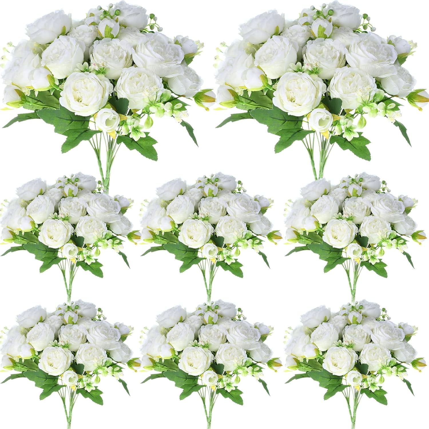 8 Bundles Artificial Peonies Flowers Fake Silk Peony Bouquet Faux Peonies Flowers Bulk for Decoration Vase Floral Arrangements Wedding Party Table (White)