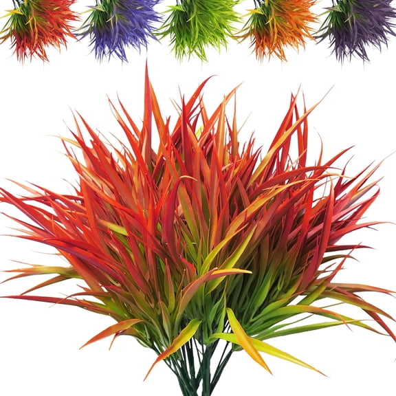 8 Bundles Artificial Plants Outdoor UV Resistant Fake Plants Grass Bush,17Inch Tall Faux Grass Shrubs for Indoor Outside Home Porch Pathway Garden Décor (Red)