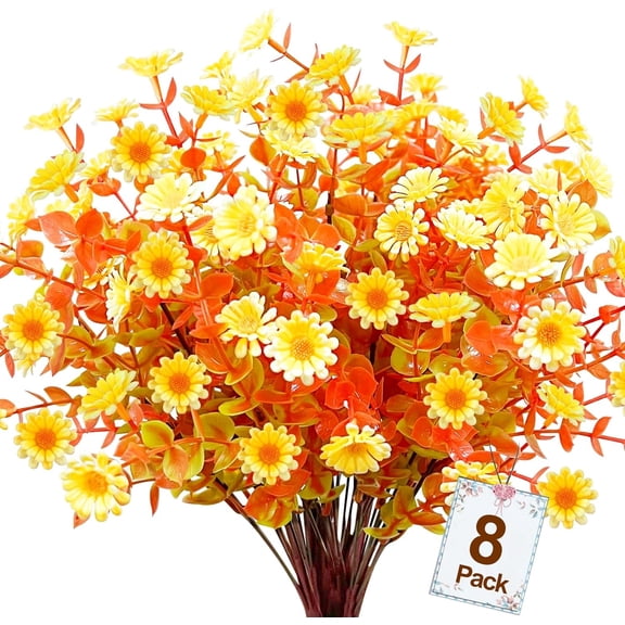 8 Bundles Daisy (376 Head) Artificial Flowers Outdoor Summer Decor UV Resistant Fake Flowers Faux Plastic Greenery Shrub Plant for Indoor Garden Home Porch Box Spring Décor(Yellow)