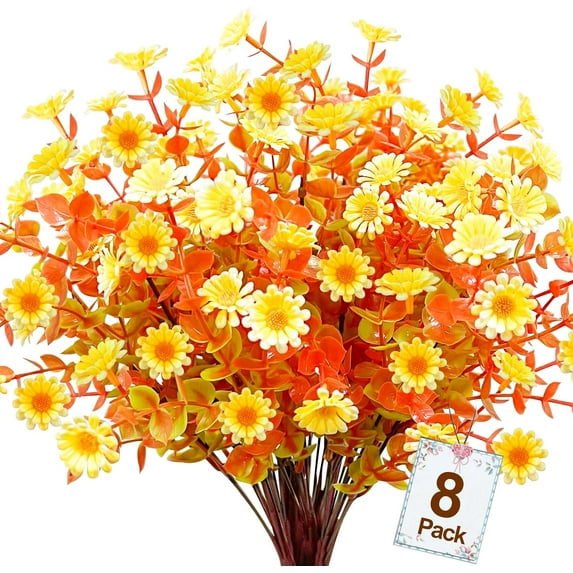 8 Bundles Daisy (376 Head) Artificial Flowers Outdoor Summer Decor UV Resistant Fake Flowers Faux Plastic Greenery Shrub Plant for Indoor Garden Home Porch Box Spring Décor(Yellow)