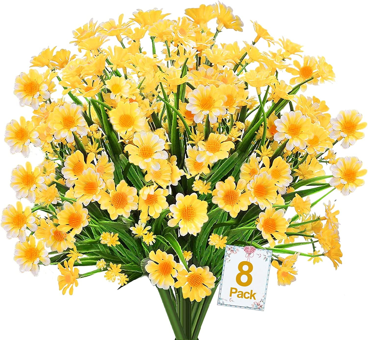 8 Bundles Daisy (376 Head) Artificial Flowers Outdoor Summer Decor UV Resistant Fake Flowers Faux Plastic Greenery Shrub Plant for Indoor Garden Home Porch Box Spring Décor(Yellow)
