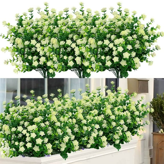 8 Bundles Outdoor Artificial Boxwood UV Resistant Fake Stems Plants, Faux Plastic Greenery for Indoor Outside Hanging Plants Garden Porch Window Box Home Wedding Farmhouse Décor