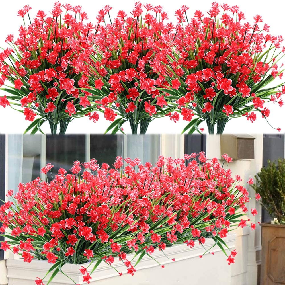 8 Bundles Outdoor Artificial Fake Flowers UV Resistant Shrubs Plants, Faux Plastic Greenery for Indoor Outside Hanging Plants Garden Porch Window Box Home Wedding Farmhouse Decor (Orange Red)