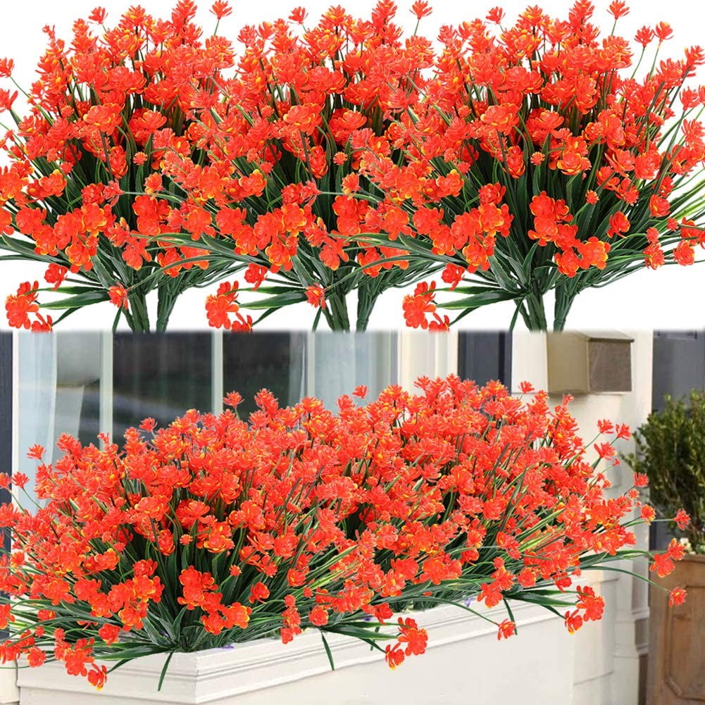 8 Bundles Outdoor Artificial Fake Flowers UV Resistant Shrubs Plants, Faux Plastic Greenery for Indoor Outside Hanging Plants Garden Porch Window Box Home Wedding Farmhouse Decor (Orange Red)