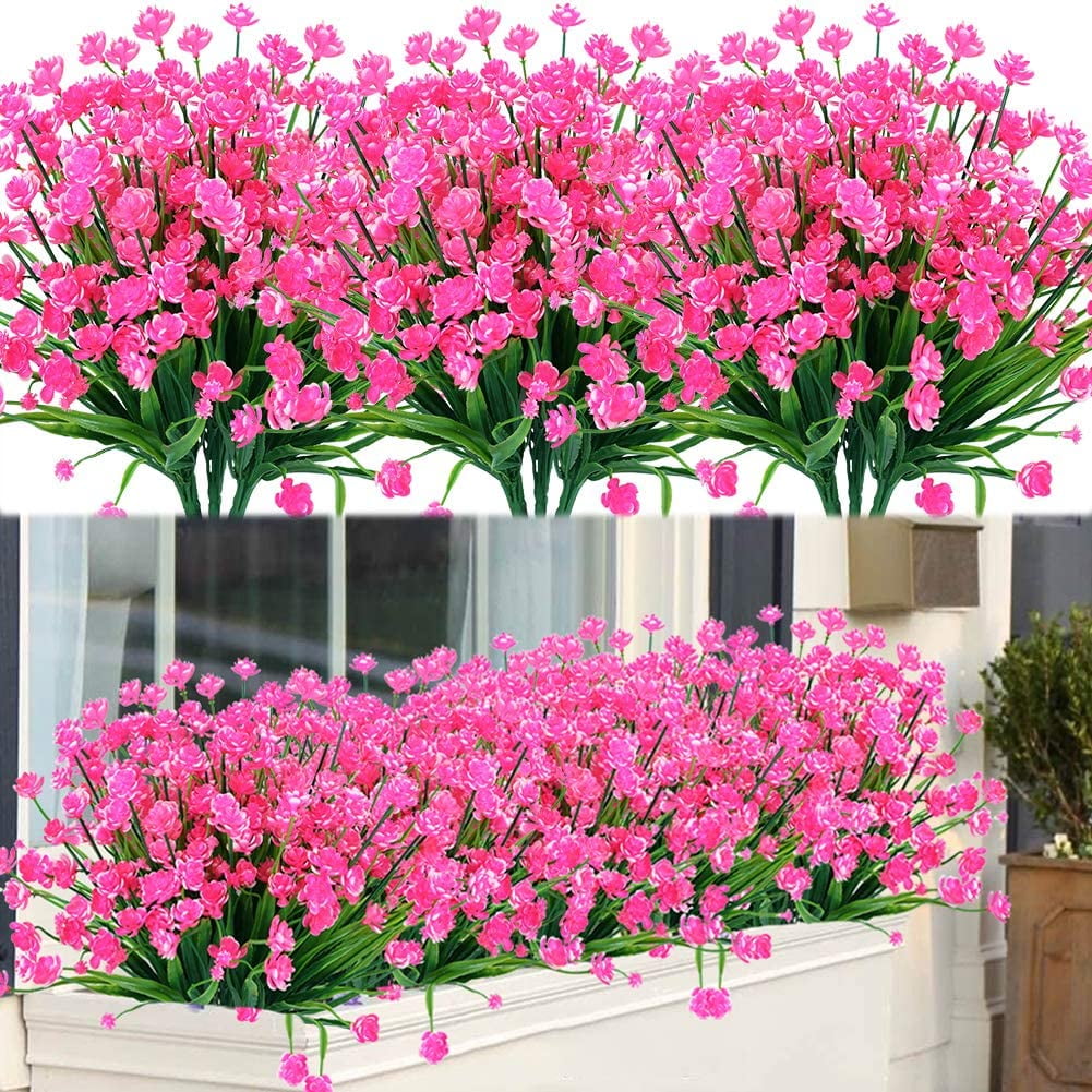 8 Bundles Outdoor Artificial Fake Flowers UV Resistant Shrubs Plants, Faux Plastic Greenery for Indoor Outside Hanging Plants Garden Porch Window Box Home Wedding Farmhouse Decor (Orange Red)