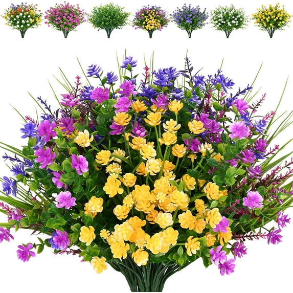 8 Bundles Outdoor Artificial Flowers, Faux Outdoor Plants UV Resistant Flowers, Fake Outdoor Flowers for Garden Balcony Patio Porch Window Box Home Farmhouse Outside Indoor Decor (Mix Colors)