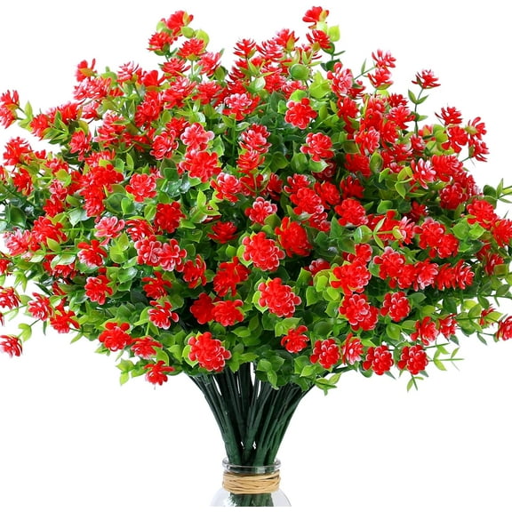8 Bundles Red Artificial Flowers Outdoor Fake Flower Plastic UV Resistant Shrubs Greenery Plants Hanging Decorations Garden Porch Window Box Farmhouse Outside Summer Indoor Decor
