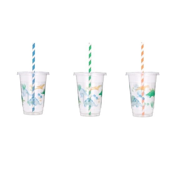 8 Count 16FL OZ Multicolor Dinosaur Disposable Plastic Cups with Lids and Straws by Way To Celebrate
