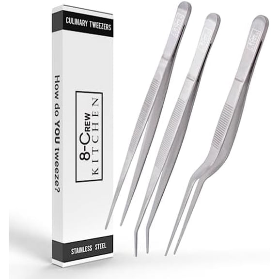 8-CREW KITCHEN Culinary Stainless Steel Tweezers, 6-inch Set of 3 Chef Precision Tongs for Plating, Decorating, Food Design, Bar and Multi-Purpose$$Home Decor, Kitchen, & Other