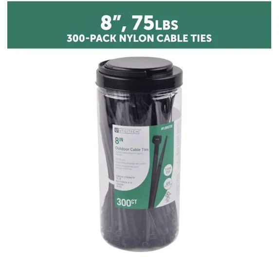 8" Cable Ties 300 Ct Count Outdoor Exterior 75Lb Loop Strengt Utilitech Zip Ties
