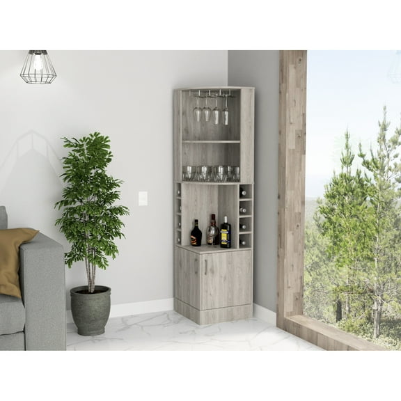 8 Capacity Gray Beverage Cabinet With Decorative Shelf Drink Extra Display For Beverages