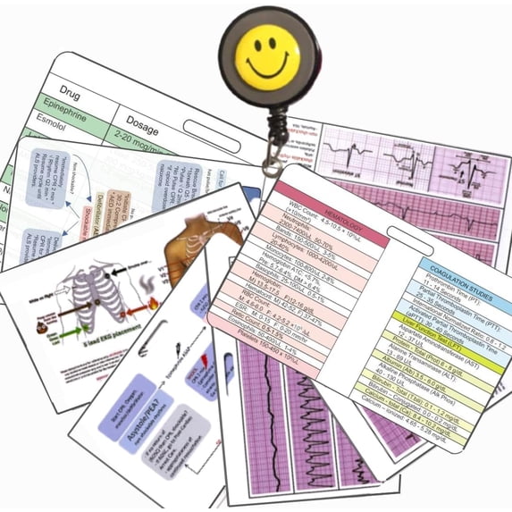 8 Cardiac Badge Reference Card, ACLS, Lab, EKG Rythm & (PDF Cheat Sheet ...