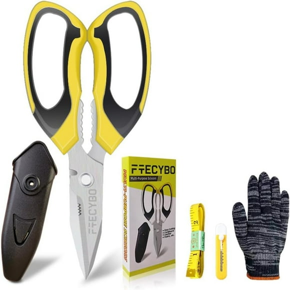 8'', Carpet Scissors, Multipurpose Scissors with Protective Cover, Stainless Steel Serrated Blades, Easy Cutting Cardboard, Leather, Fabric, Wires, Nutcracker, Yellow